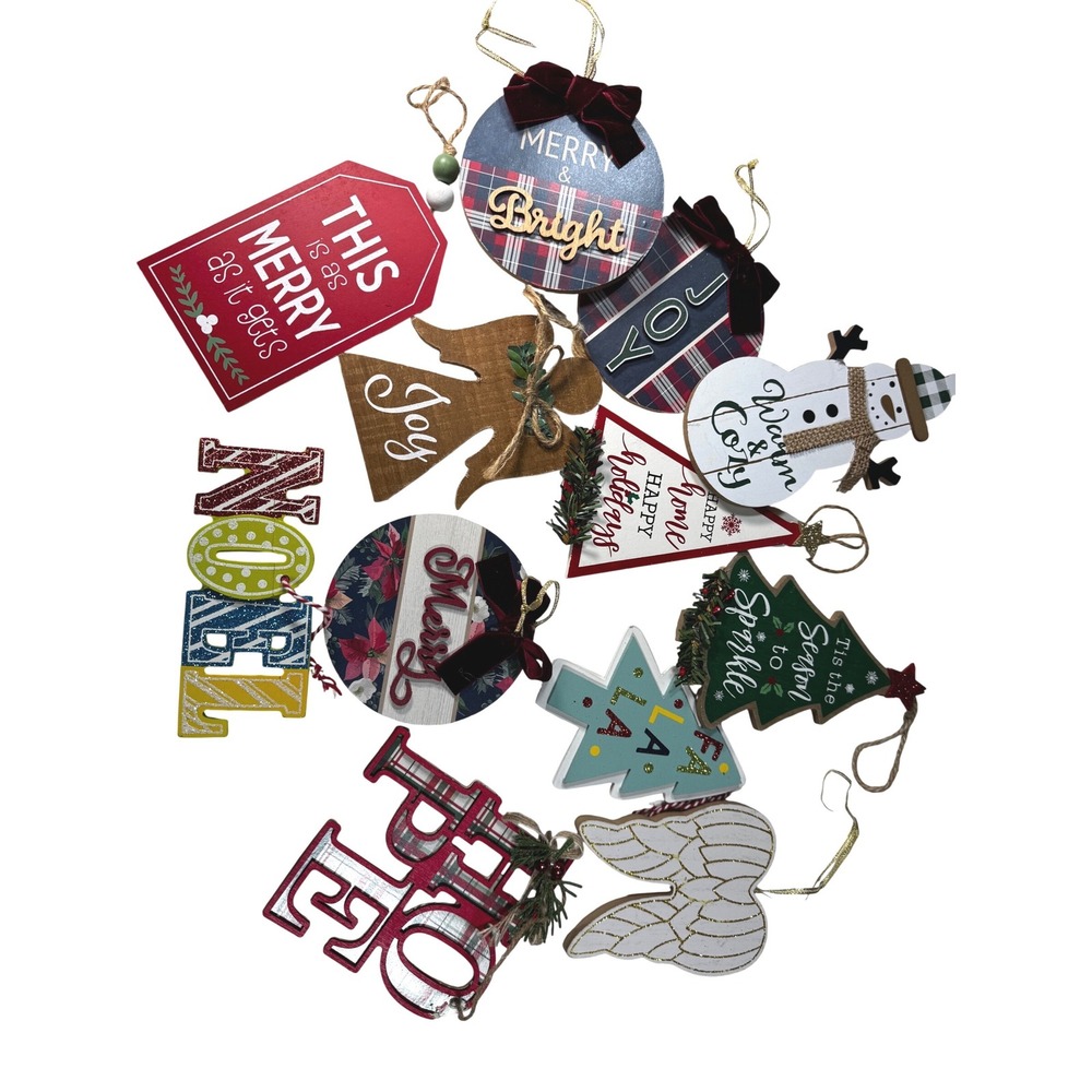 Set of 12 Wooden Christmas Ornaments Joy Merry Bright Snowman Angel Tree‎